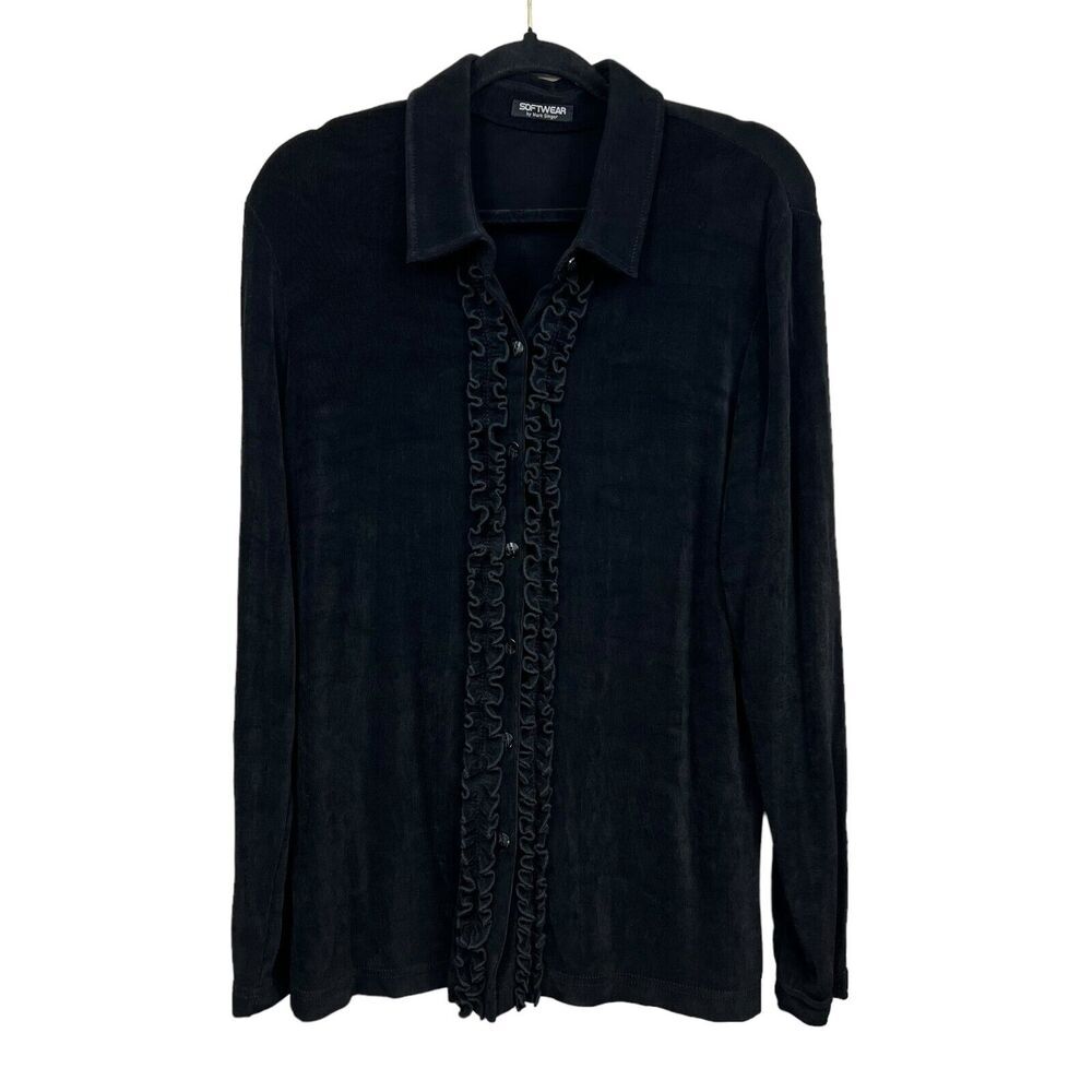 Softwear By Mark Singer Womens Blouse Top Stretch Slinky Ruffled Button Black L*